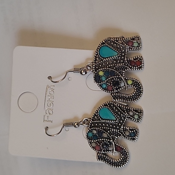 Jewelry - Elegant Silver and Multicolor Dangle Elephant Earrings